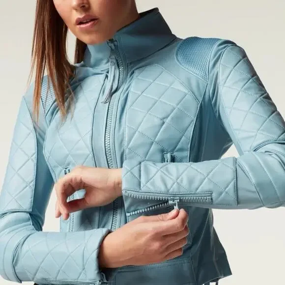 Blanc Noir Blue Leather Moto Mesh Jacket - Picture 1 of 12